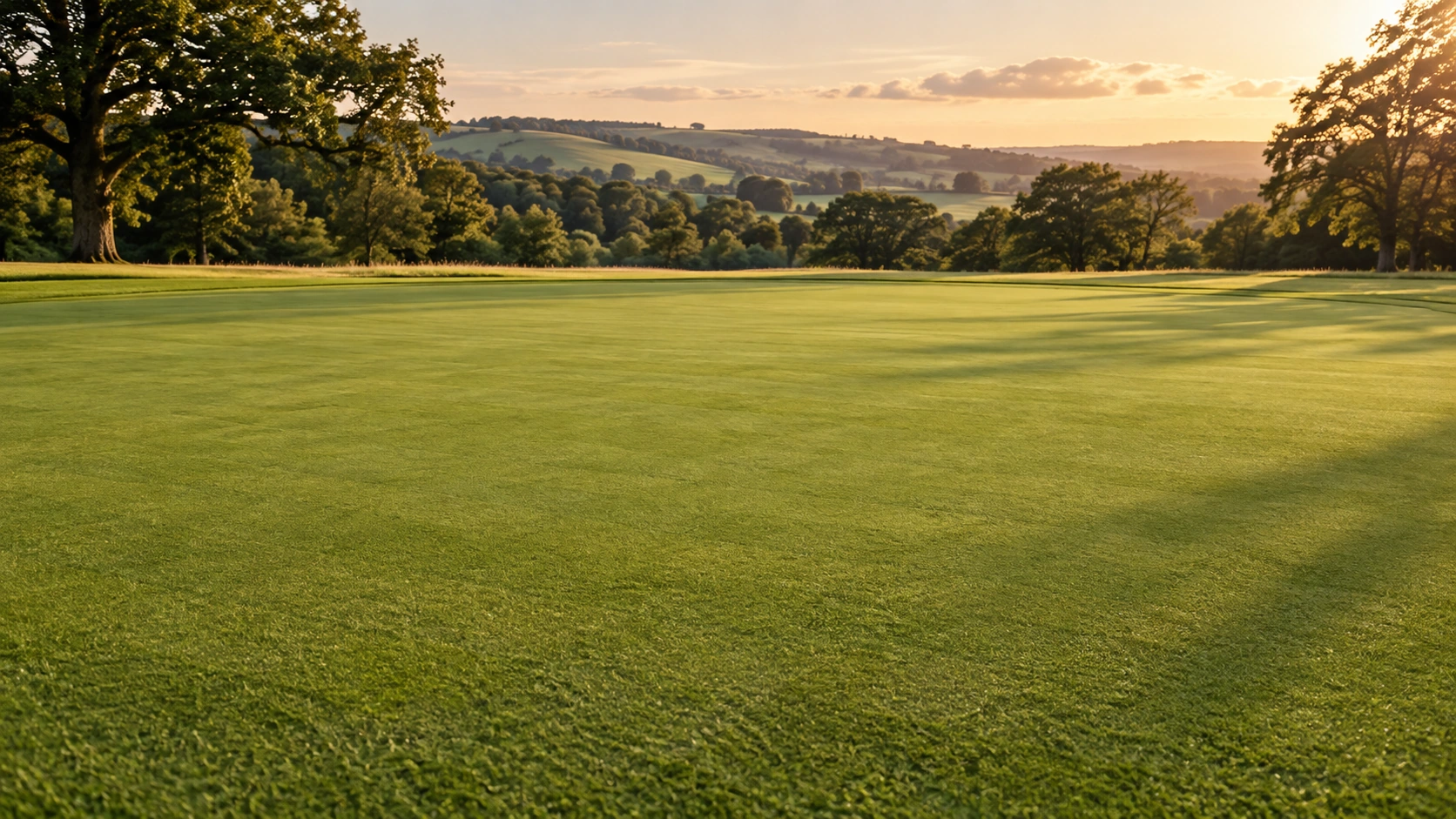 A sunlit putting green with the Downs behind